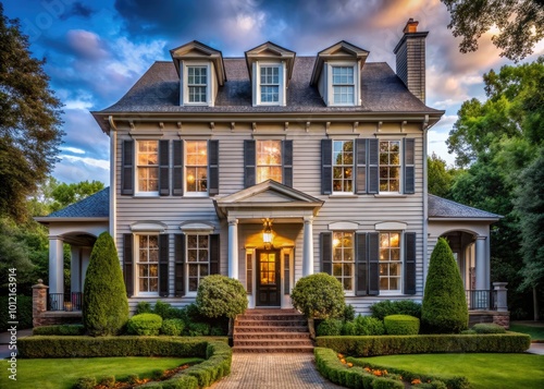 Elegant Gray House Shutters Enhancing the Charm of a Classic Home Architecture and Design Style