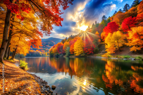 Peaceful autumn landscape, vibrant foliage reflection