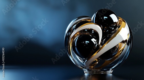 3D rendering of glossy black and gold spheres, and glass spheres with white and gold swirls in an elegant vase, set against a dark blue background with reflective lighting and luxurious finish. photo