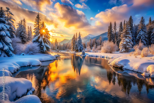 Sunset over snowy forest with river reflection