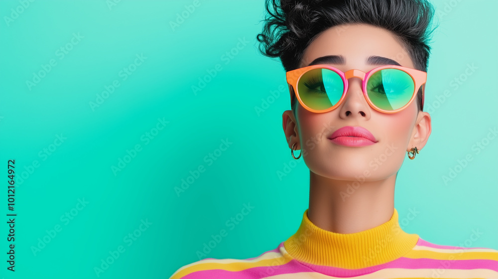 glasses-wearing androgynous person with a neutral expression against a pastel pink background. glasses-wearing androgynous person with a neutral expression against a pastel pink background.