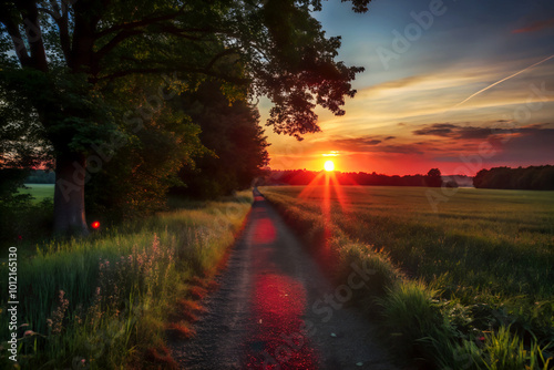 Tranquil rural road under a colorful evening sky