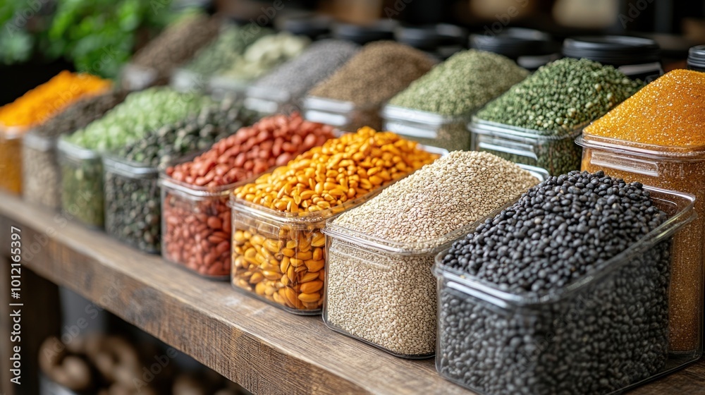 A variety of dried beans and grains in clear containers on a wooden shelf in a grocery store. A variety of dried beans and grains in clear containers on a wooden shelf in a grocery store.