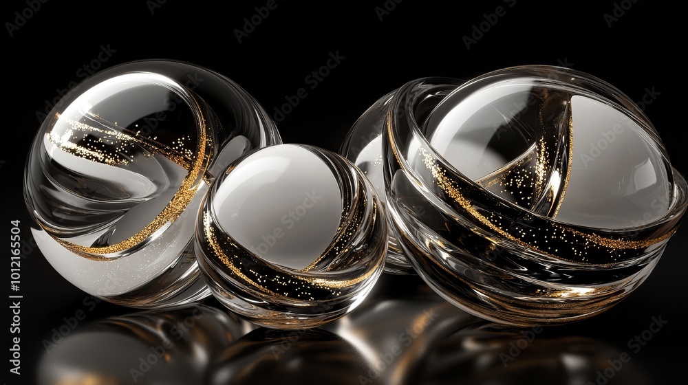 3D rendering of glossy black and gold spheres, and glass spheres with white and gold swirls in an elegant vase, set against a dark blue background with reflective lighting and luxurious finish. 3D rendering of glossy black and gold spheres, and glass spheres with white and gold swirls in an elegant vase, set against a dark blue background with reflective lighting and luxurious finish.
