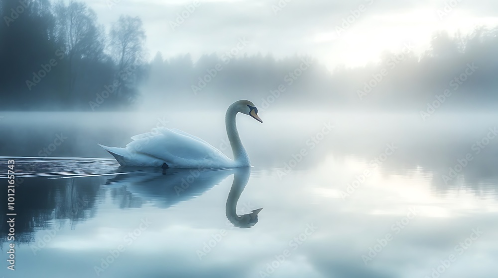A graceful white swan glides silently across the fog covered lake surface forest background A graceful white swan glides silently across the fog covered lake surface forest background