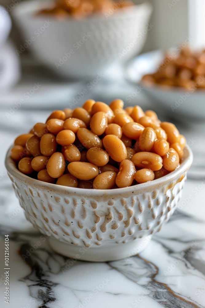 Brown beans in a decorative bowl on a marble surface Brown beans in a decorative bowl on a marble surface