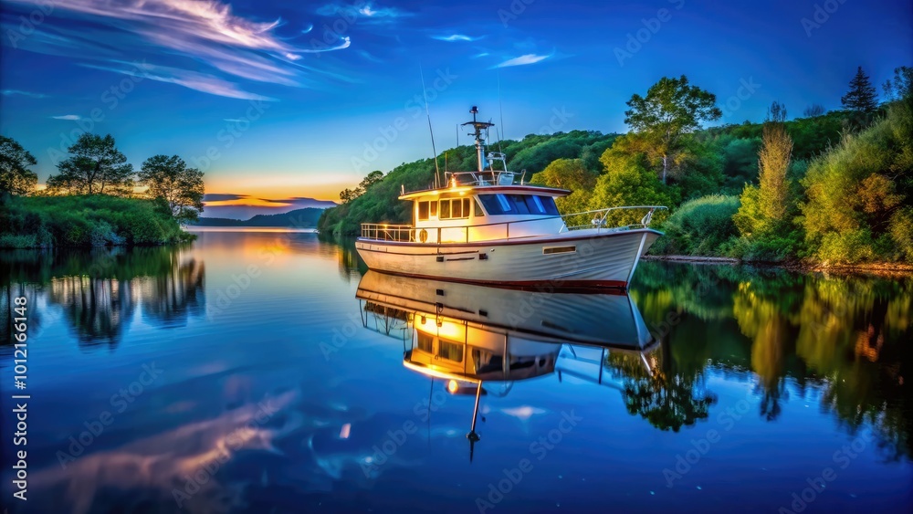 Fototapeta premium Elegant hatch boat moored in serene waters, surrounded by lush greenery and a clear blue sky