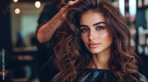 hairdresser styling a client's hair in a modern salon