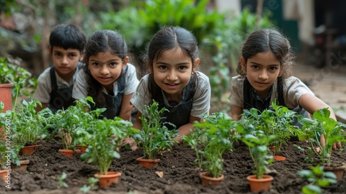 Four happy children are planting seedlings in a garden.