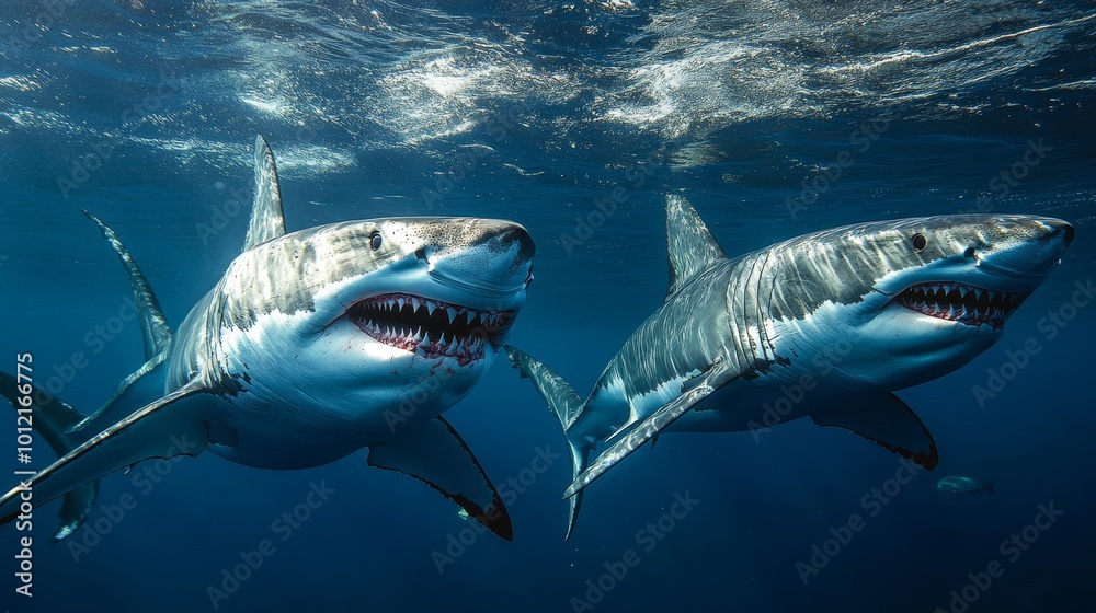 Fototapeta premium Encounter with three great white sharks a thrilling attack from the depths of the ocean