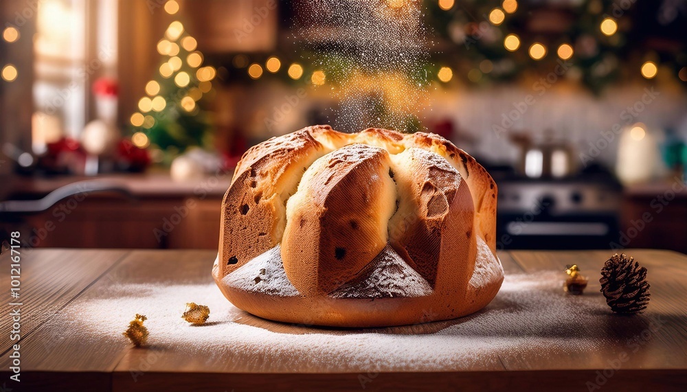 Christmas Panettone on table with kitchen background Christmas Panettone on table with kitchen background