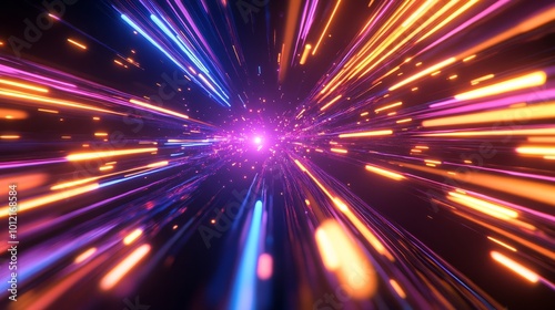 A futuristic design illustrating rapid data movement with glowing rays and dynamic explosions, capturing the essence of space travel