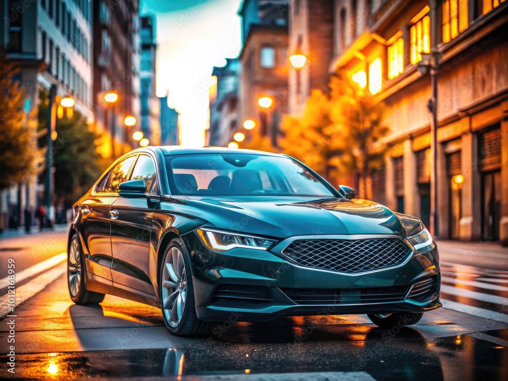 Fototapeta premium Elegant luxury sedan showcasing modern design and sophisticated features on urban city street backdrop