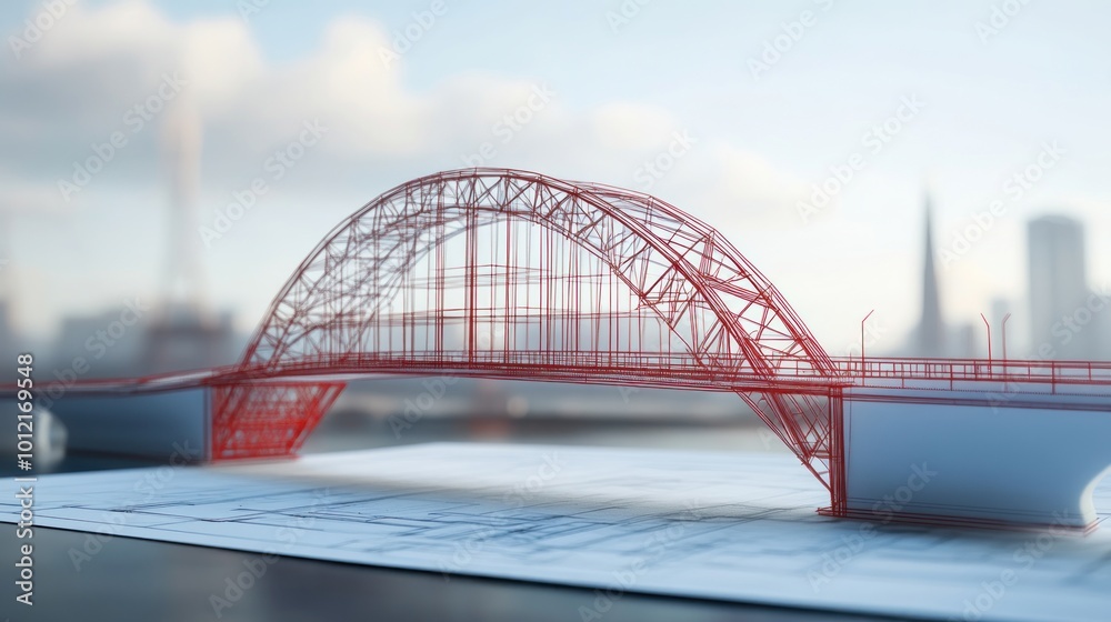 A stylized bridge model rendered in red, showcasing architectural design and engineering. A stylized bridge model rendered in red, showcasing architectural design and engineering.
