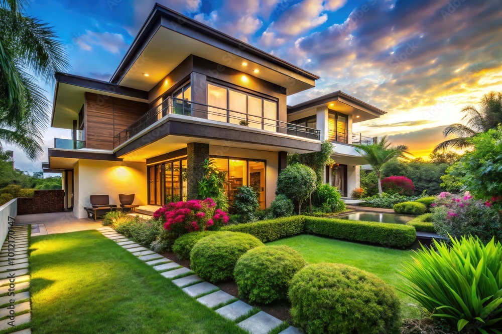 Elegant Modern Villa Exterior Surrounded by Lush Greenery and Beautiful Landscape Design Elements Elegant Modern Villa Exterior Surrounded by Lush Greenery and Beautiful Landscape Design Elements