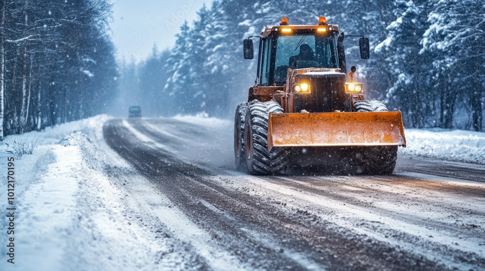 A snowplow clears a snowy road in a winter landscape. A snowplow clears a snowy road in a winter landscape.
