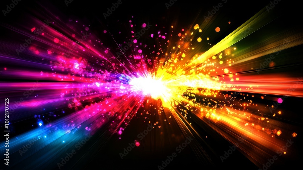 Fototapeta premium A futuristic design illustrating rapid data movement with glowing rays and dynamic explosions, capturing the essence of space travel