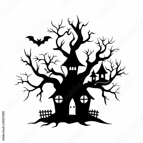 Halloween Background. Spooky haunted tree with twisted, bare branches and a small gothic-style house with pointed roofs in the background. Happy Halloween Boho Abstract, Bohemian Mystical Magic.