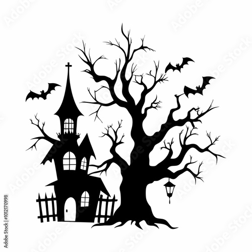 Halloween Background. Spooky haunted tree with twisted, bare branches and a small gothic-style house with pointed roofs in the background. Happy Halloween Boho Abstract, Bohemian Mystical Magic.