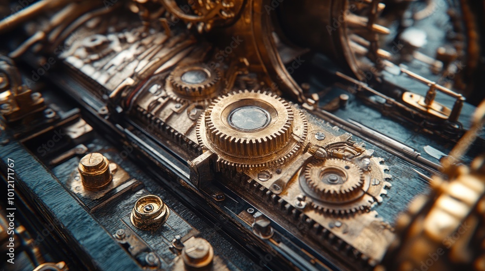Close-up of intricate brass gears and mechanisms in a steampunk-style machine. Close-up of intricate brass gears and mechanisms in a steampunk-style machine.