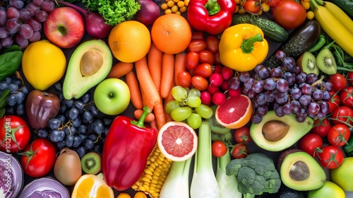 Fototapeta Naklejka Na Ścianę i Meble -  Vibrant assortment of fresh fruits and vegetables in rainbow colors