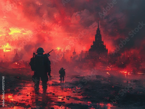 Soldiers Amidst the Ruins of a Burning City