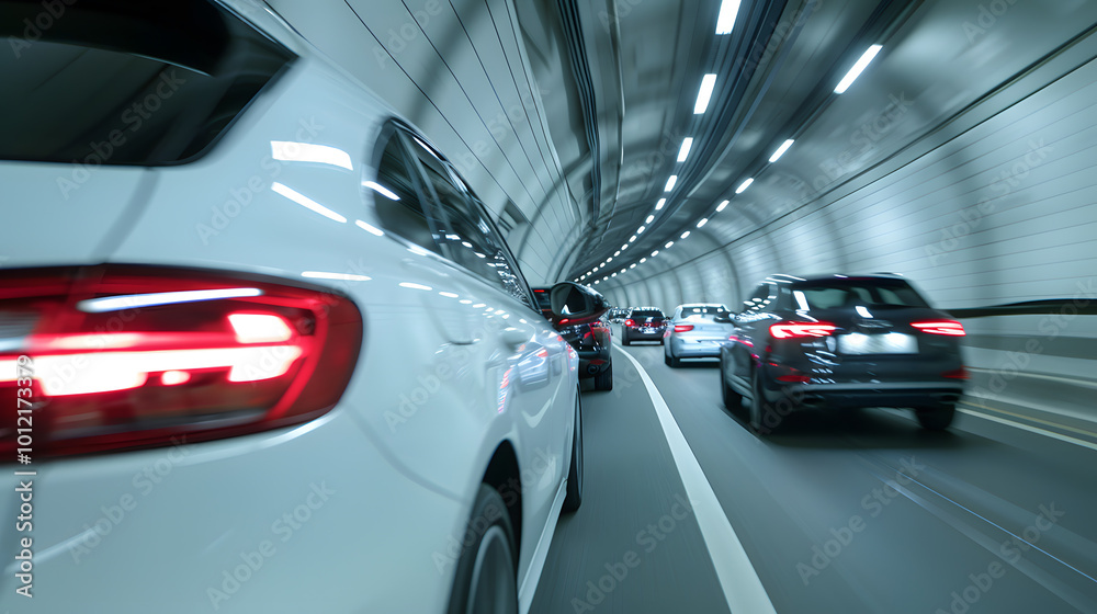 Obraz premium Vehicles Driving Through an Urban Tunnel | Dynamic City Traffic in a Modern Infrastructure Setting