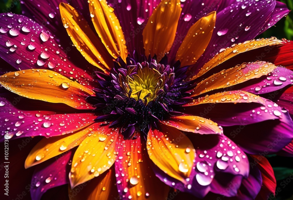 Obraz premium captivating droplets gracing colorful flower petals under stunning natural light, bloom, blossom, dew, raindrop, vibrant, vivid, landscape, macro, closeup