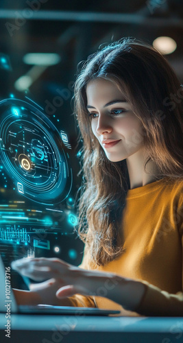 Woman using laptop and AI chat bot for creative services