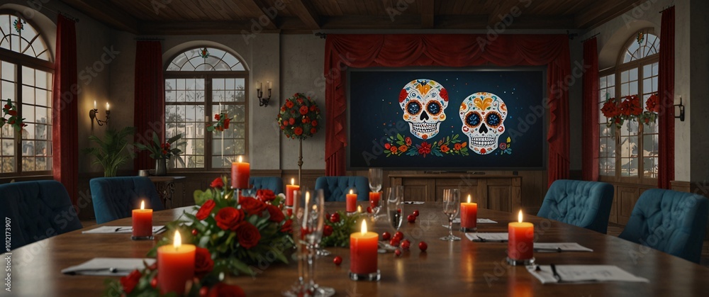 A festive church interior decorated for Christmas with a beautifully lit tree, a cozy fireplace, and holiday decorations A festive church interior decorated for Christmas with a beautifully lit tree, a cozy fireplace, and holiday decorations