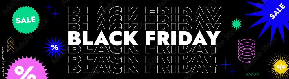 Black Friday typography banner. Black Friday linear typography text illustration isolated on black background. Modern Design template for Black Friday sale. Black Friday typography banner. Black Friday linear typography text illustration isolated on black background. Modern Design template for Black Friday sale.