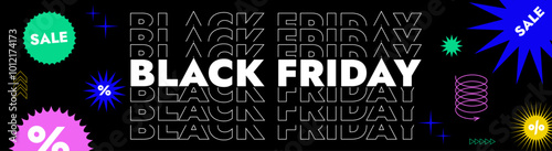 Black Friday typography banner. Black Friday linear typography text illustration isolated on black background. Modern Design template for Black Friday sale.