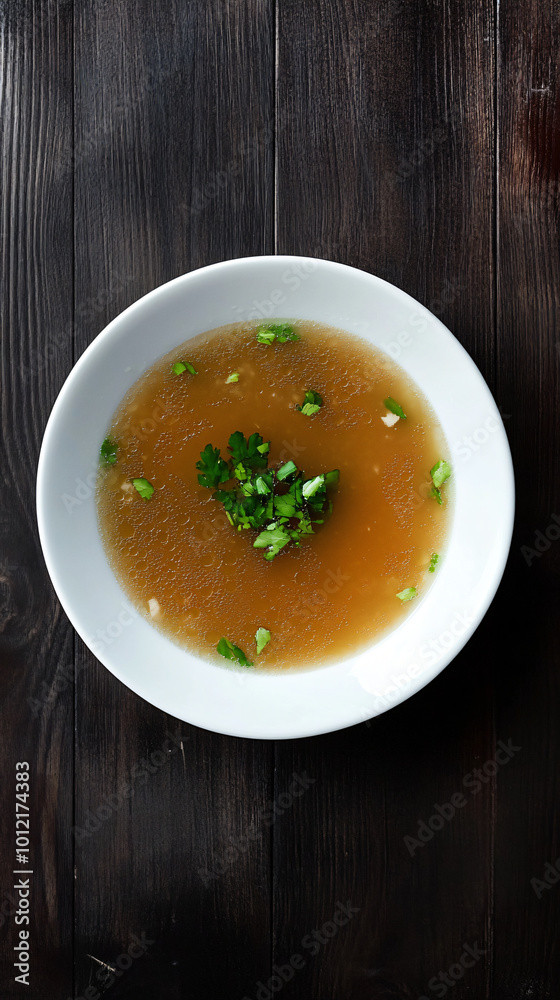 Hot and comforting chicken broth soup with a garnish of fresh parsley is served in a simple style Hot and comforting chicken broth soup with a garnish of fresh parsley is served in a simple style