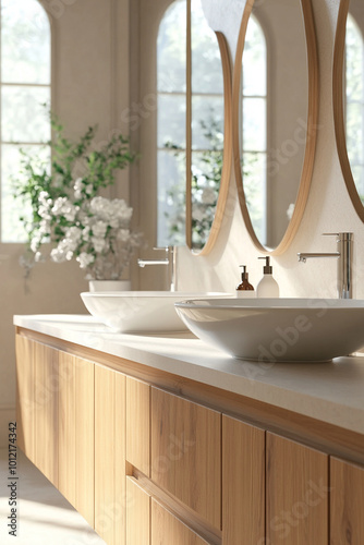 Modern bathroom with wooden cabinets, dual sinks, and arched mirrors, light background. Contemporary home or hotel concept. 3D Rendering photo