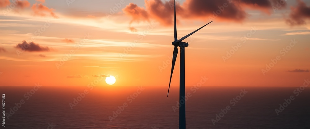 Obraz premium A towering wind turbine stands against a stunning coastal sunrise, its blades slowly rotating as the first light of day paints the sky in shades of orange, pink, and blue. 