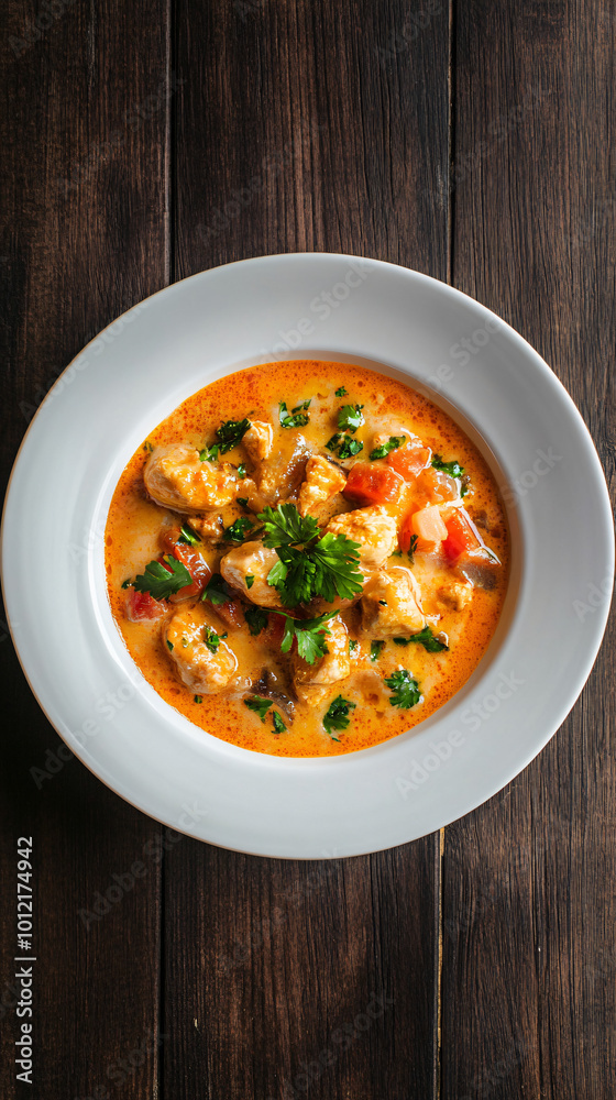 Delicious chicken curry with coconut milk and herbs served in white plate on dark wooden table Delicious chicken curry with coconut milk and herbs served in white plate on dark wooden table