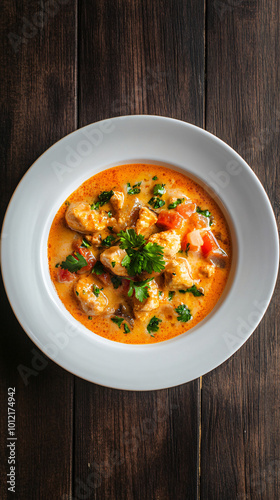 Delicious chicken curry with coconut milk and herbs served in white plate on dark wooden table