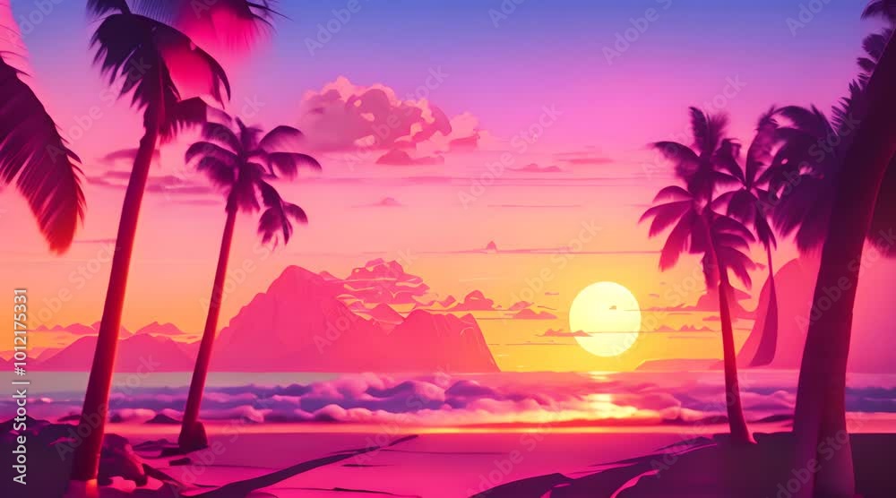 Vaporwave palm trees on the beach at sunset Retrowave background 4k animation
