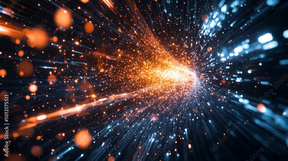 A stunning illustration of luminous data trails in motion, with explosive patterns and a sense of hyper-speed travel, on a dark background A stunning illustration of luminous data trails in motion, with explosive patterns and a sense of hyper-speed travel, on a dark background
