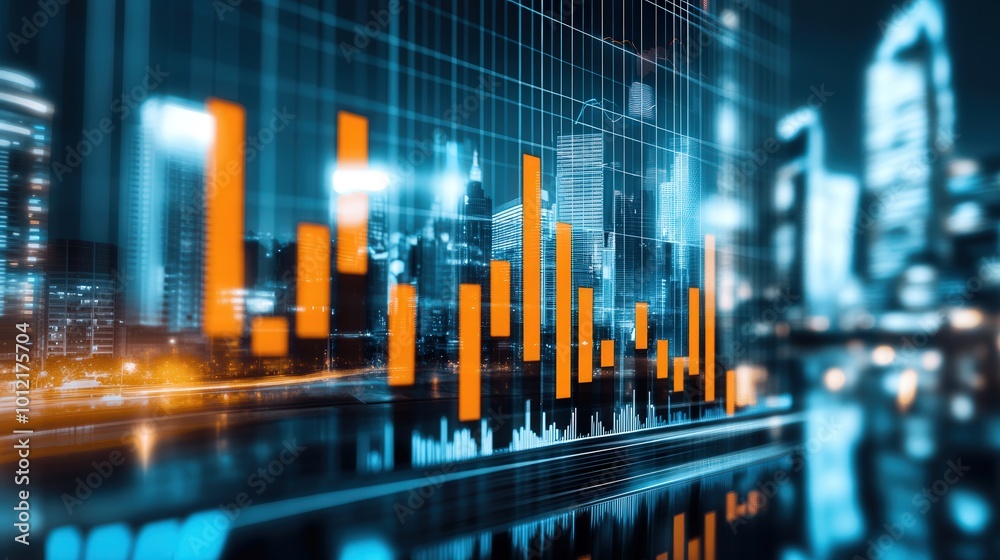 financial charts and bar graphs overlayed on a city skyline, financial charts and bar graphs overlayed on a city skyline,