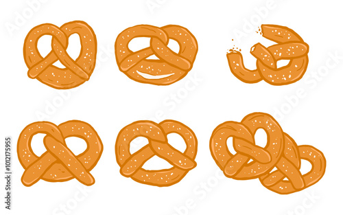 Hand drawn traditional German pretzel set. Food illustration