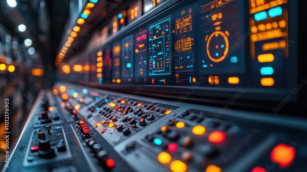 Close-up of a futuristic control panel with glowing buttons and screens, showing an array of data and controls. Close-up of a futuristic control panel with glowing buttons and screens, showing an array of data and controls.