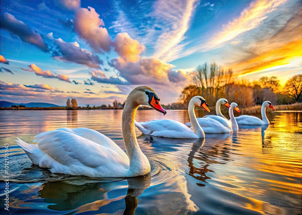 Fototapeta premium Elegant Swans in Serene Waters Perfect for Artistic Inspiration and Drawing Reference Material