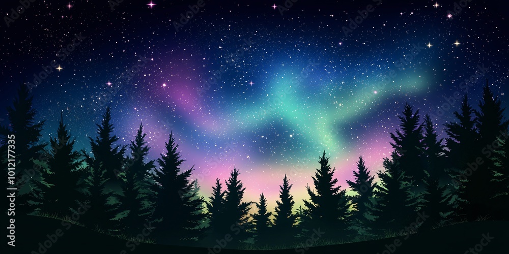 Naklejka premium the northern lights and stars in silhouette against an aurora-filled sky, with silhouettes of pine trees covered with snow in the lower left corners. 