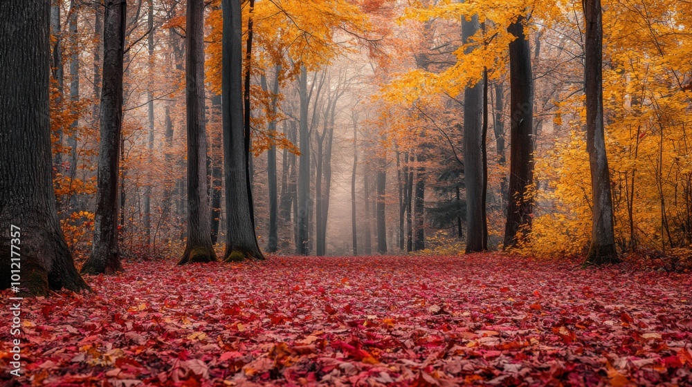 Fototapeta premium A tranquil autumn forest with leaves in shades of red, orange, and yellow blanketing the ground, trees towering above in crisp air.
