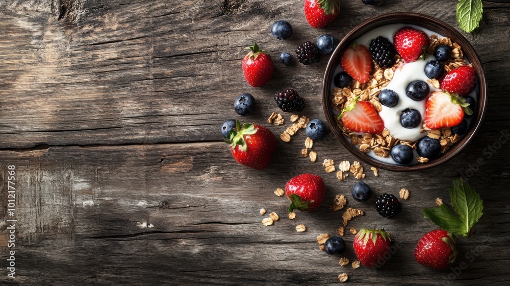 A simple, rustic breakfast scene with fresh berries, granola, and yogurt on a wooden surface, leaving ample space for copy.