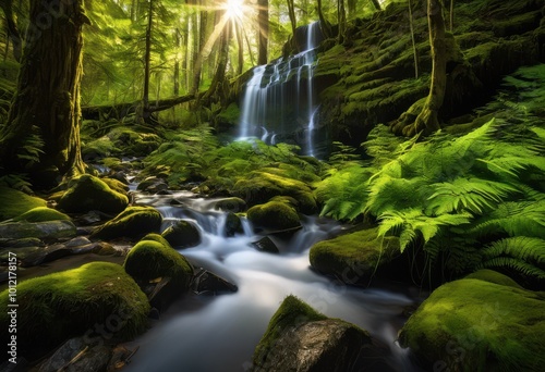 cascading waterfall forming lush greenery vibrant textures landscape, blue, flowing, scenic, tranquil, scenery, forest, stream, picturesque, nature, rocky
