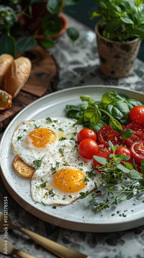 Freshly cooked eggs and tomatoes served on a plate