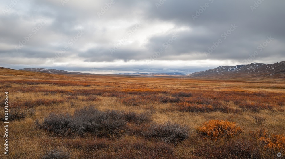 A vast tundra landscape with low shrubs and patches of snow, the cold wind sweeping across the open plains under a cloudy sky. A vast tundra landscape with low shrubs and patches of snow, the cold wind sweeping across the open plains under a cloudy sky.