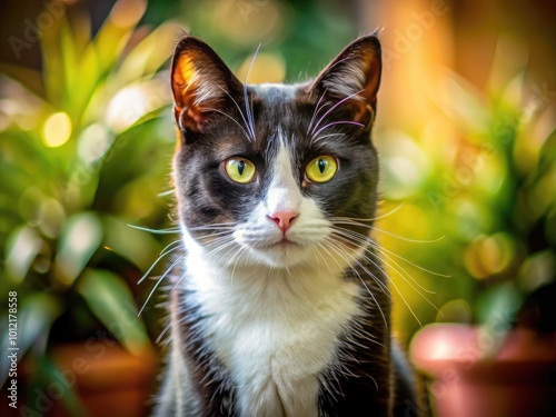 Elegant Tuxedo Kitty Posing Gracefully in Soft Natural Light with a Charming Expression